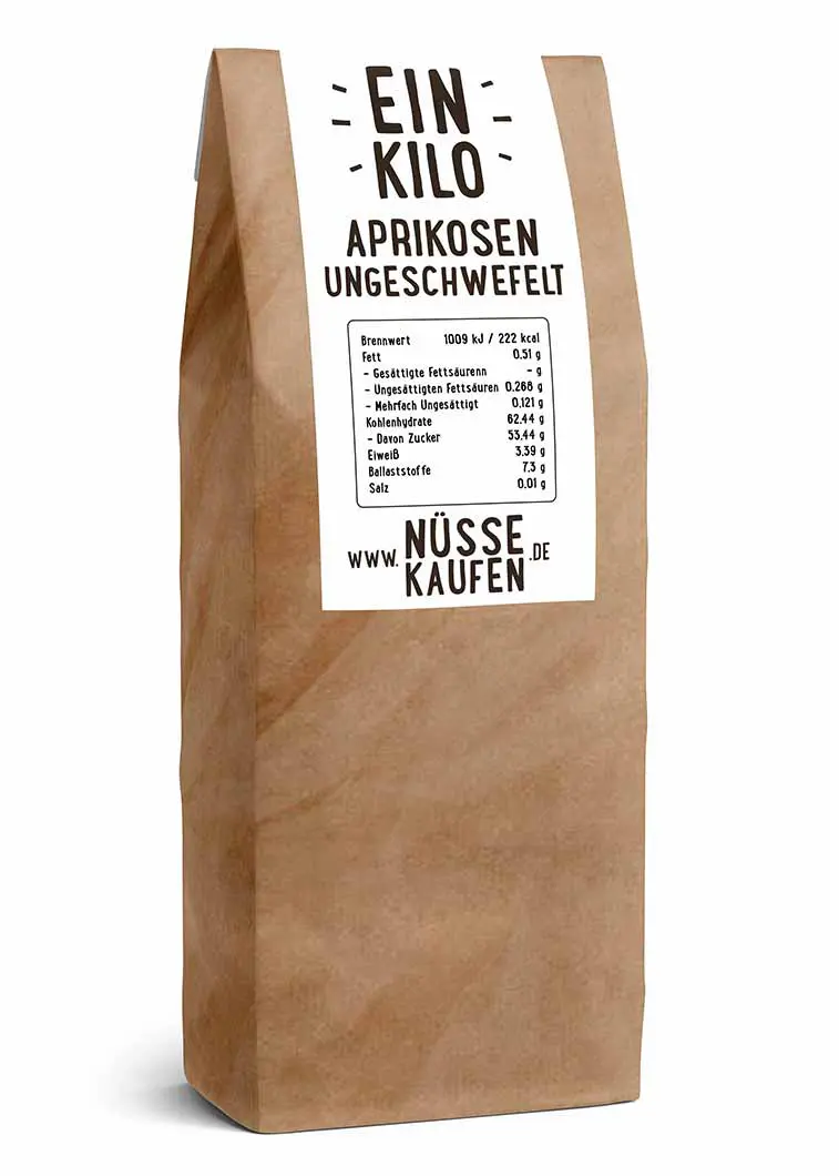 Eine Tüte mit 1 Kilogramm ungeschwefelten Aprikosen von NüsseKaufen.de