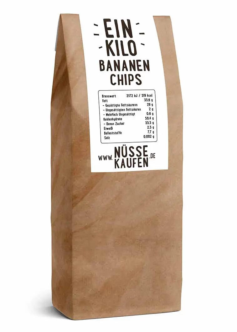 Eine Tüte mit 1 Kilogramm Bananen Chips von NüsseKaufen.de