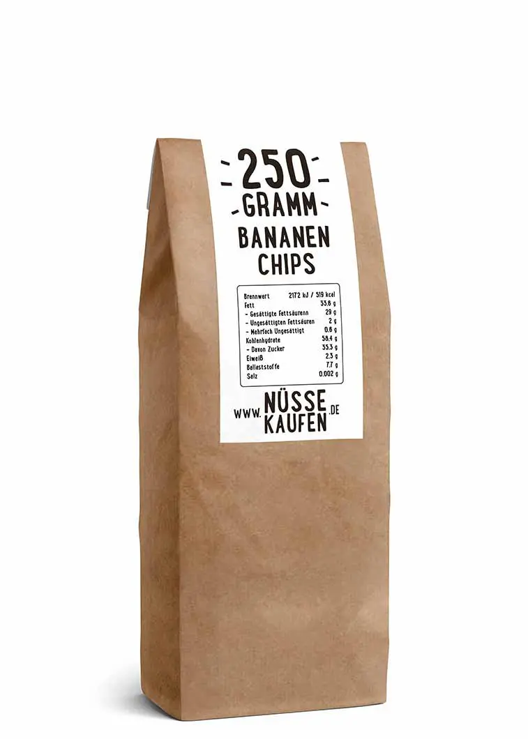 Eine Tüte mit 250 Gramm Bananen Chips von NüsseKaufen.de