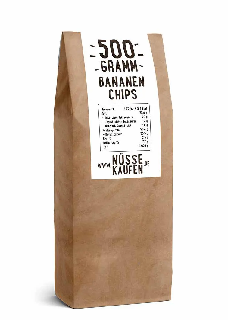 Eine Tüte mit 500 Gramm Bananen Chips von NüsseKaufen.de