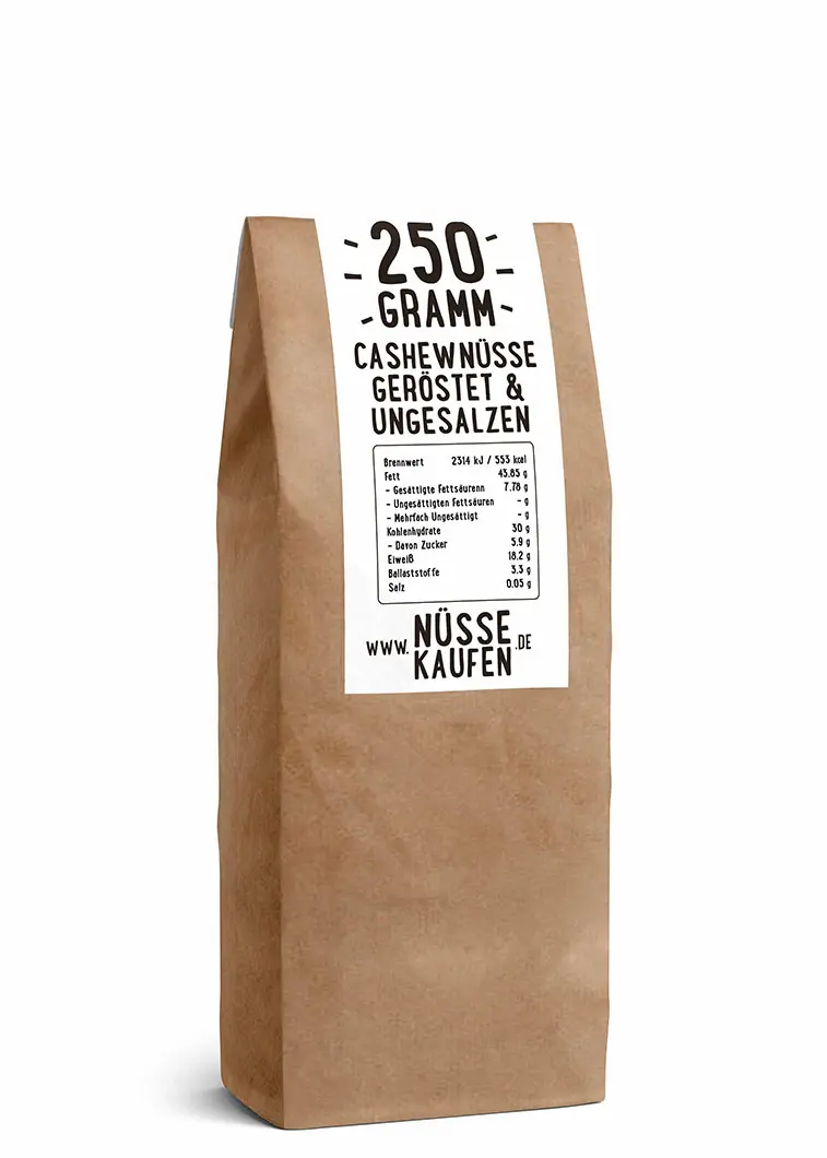 Eine Tüte mit 250 gramm Cashewnüsse Geröstet & Ungesalzen