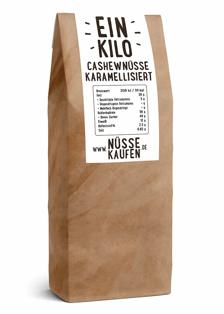 Eine Tüte mit 1 kilogramm A-Qualität Karamellisierten Cashewnüsse von NüsseKaufen.de