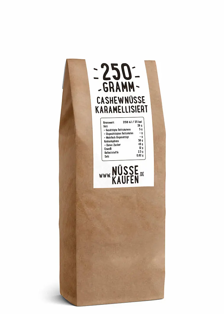 Eine Tüte mit 250 gramm A-Qualität Karamellisierten Cashewnüsse von NüsseKaufen.de