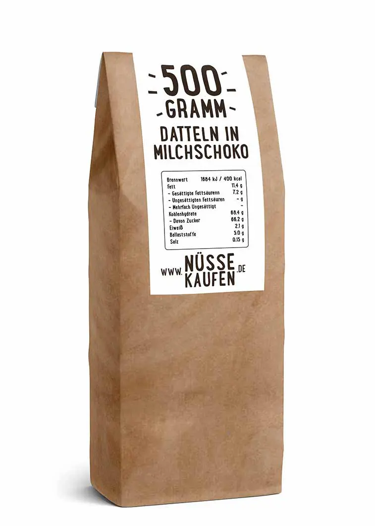 Eine Tüte mit 500 Gramm Schoko-Datteln (Milchschokolade) von NüsseKaufen.de