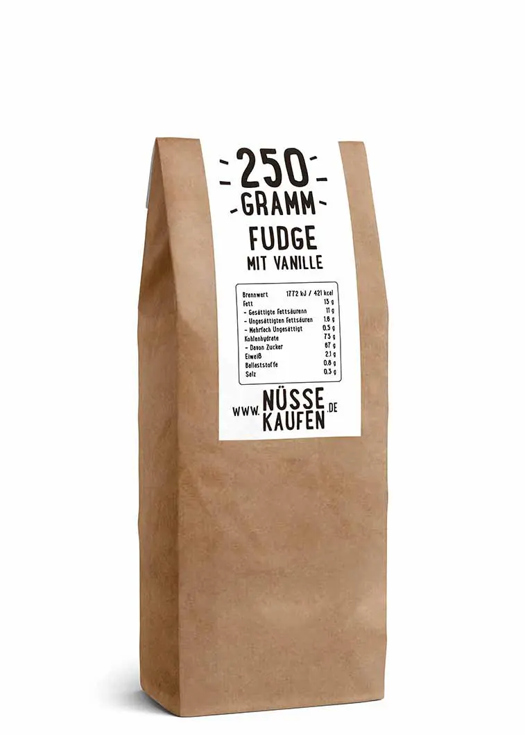 Eine Tüte mit 250 Gramm Fudge (mit Vanille) von NüsseKaufen.de