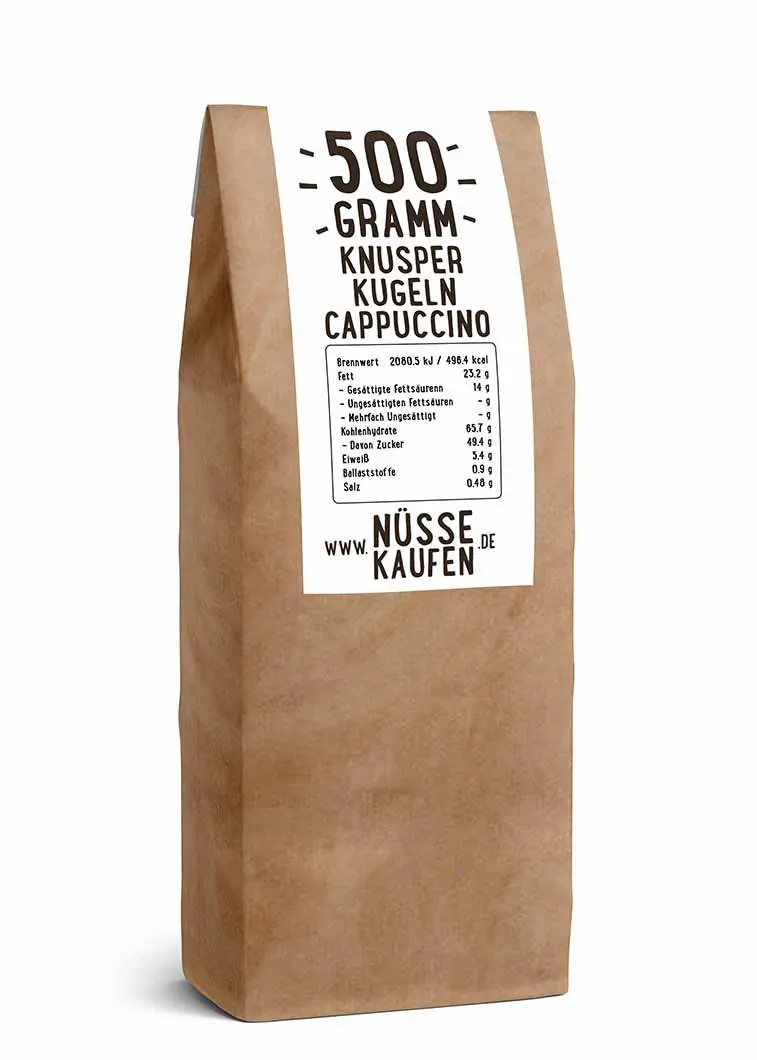 Eine Tüte mit 500 Gramm Knusperkugeln (Capuccinno) von NüsseKaufen.de