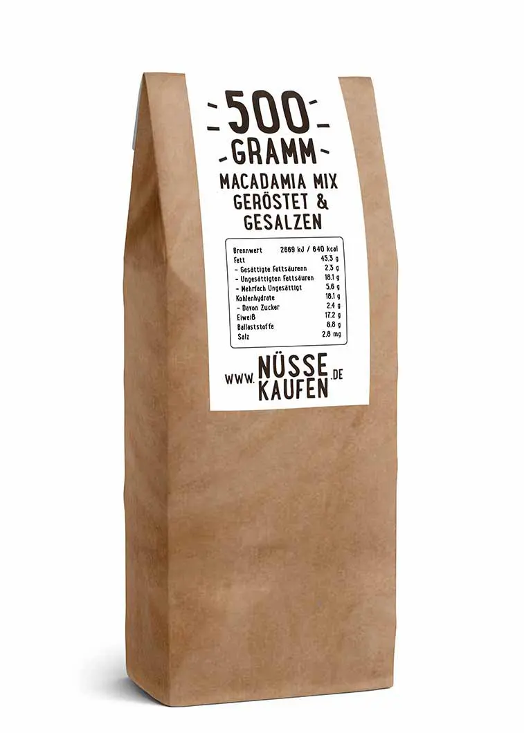 Eine Tüte mit 500 Gramm Macadamia Mix von NüsseKaufen.de