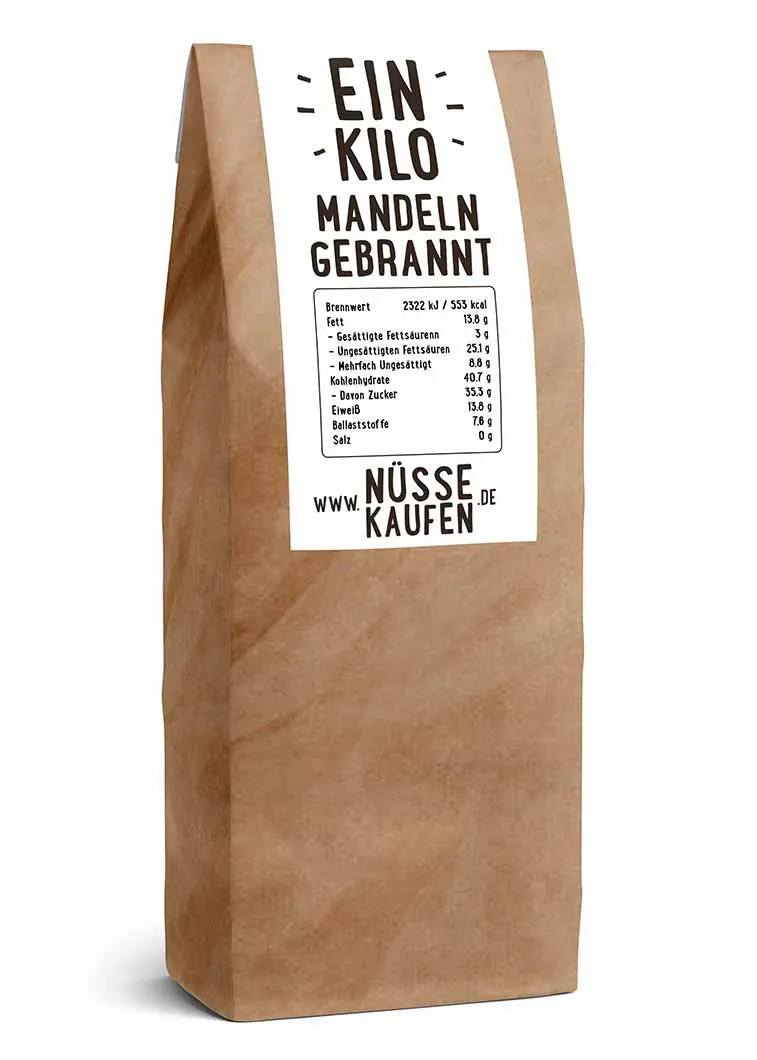 Eine Tüte mit 1 Kilo Gebrannte Mandeln von NüsseKaufen.de