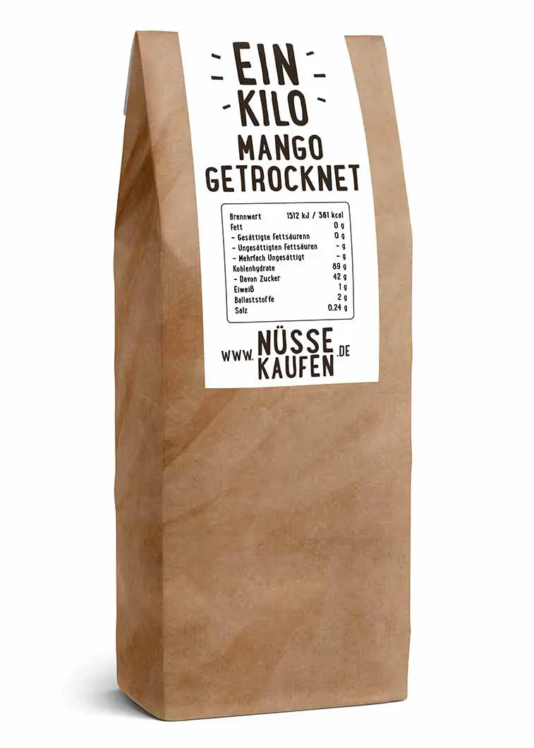 Eine Tüte mit 1 Kilogramm Mangostücke von NüsseKaufen.de