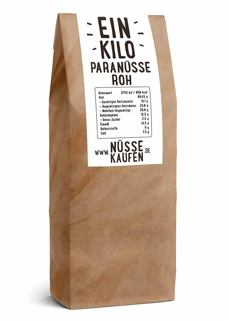 Eine Tüte mit 1 Kilo rohen paranüsse von NüsseKaufen.de