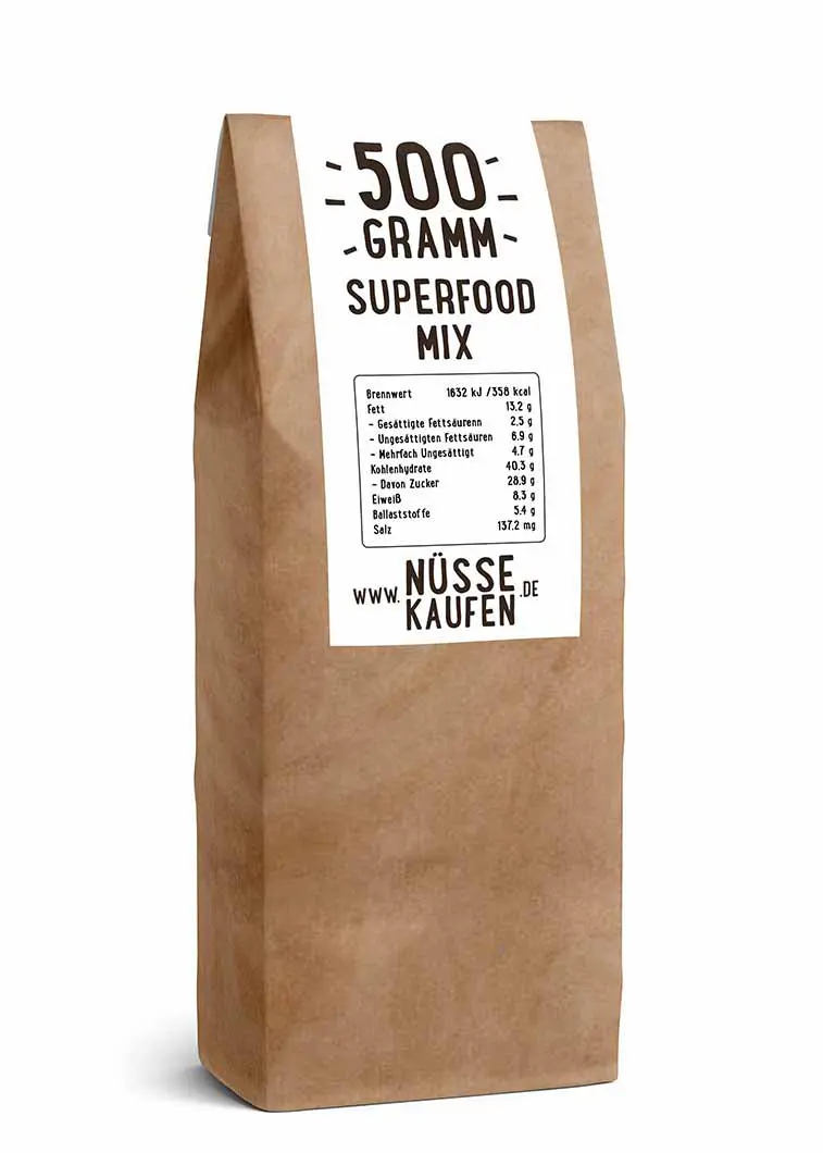 Eine Tüte mit 500 Gramm Superfood Mix von NüsseKaufen.de